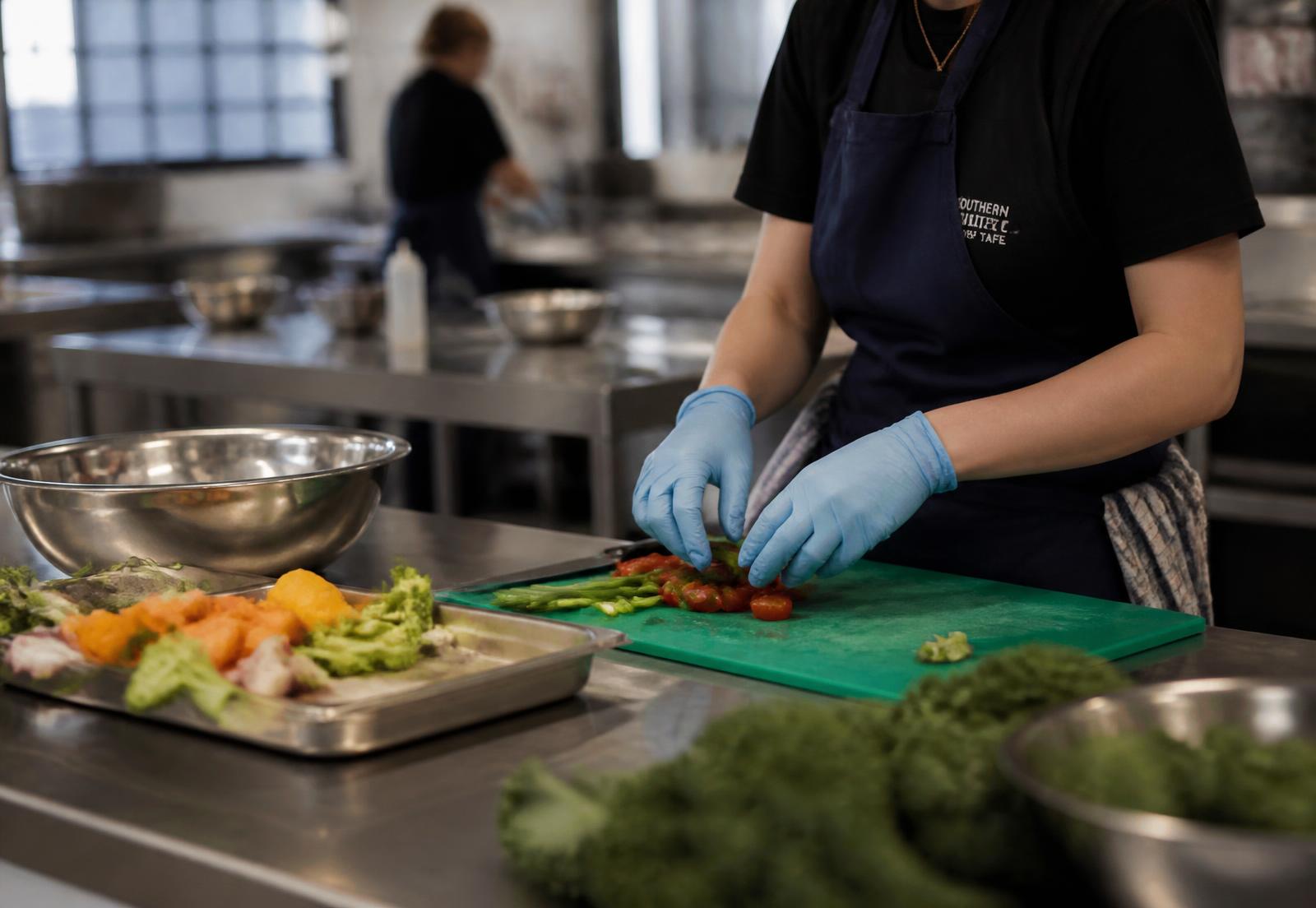 A young person in an apron preparing fresh vegetables on a stainless steel bench in a supported training kitchen