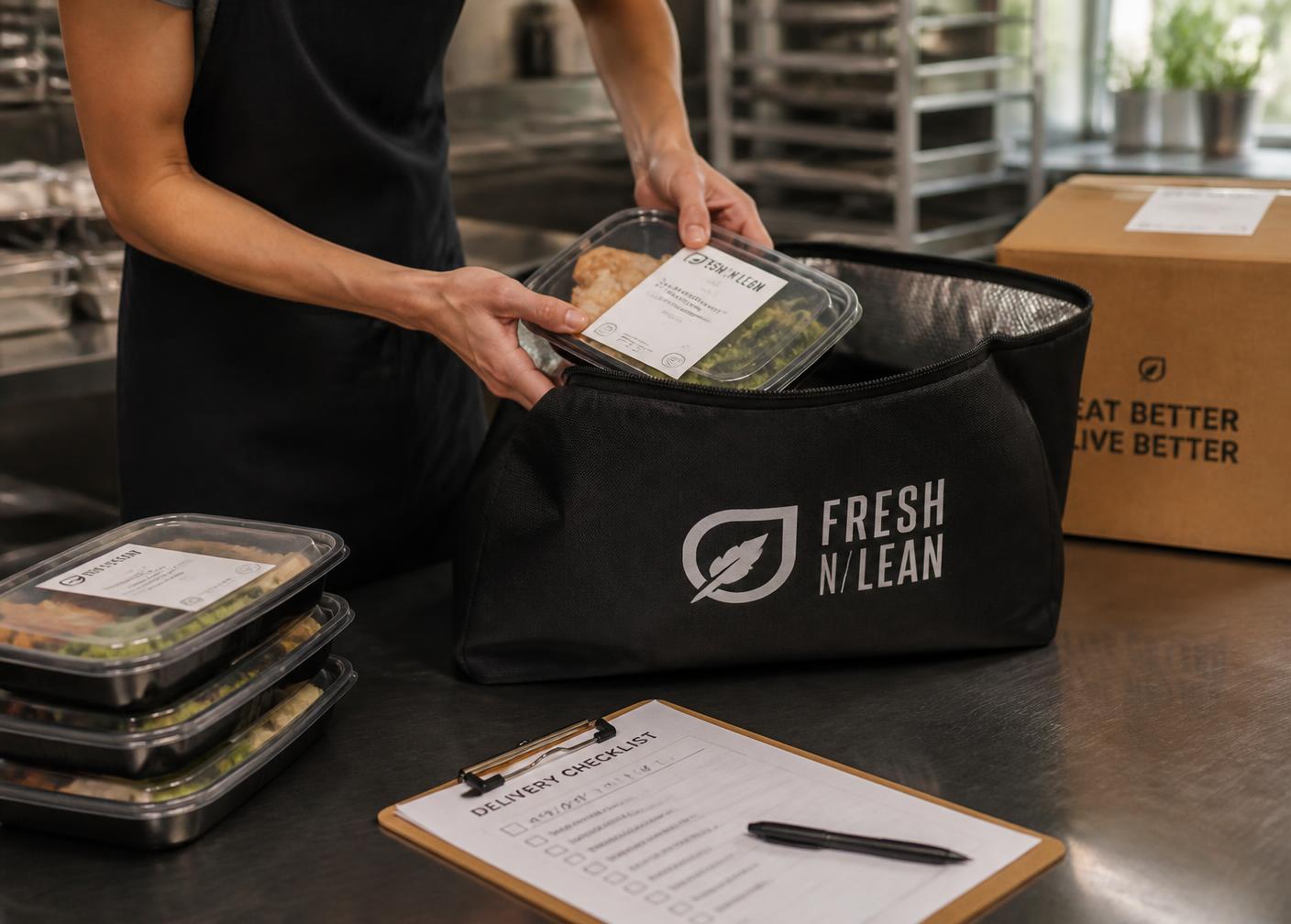 Hands packing prepared meals into a delivery order bag